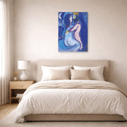 Unframed poster print of Marc Chagall's Le Roi David displayed on a wall in a bedroom