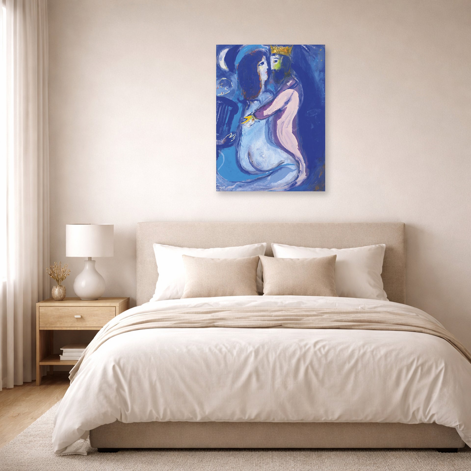 Unframed poster print of Marc Chagall's Le Roi David displayed on a wall in a bedroom