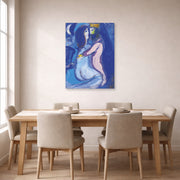 Unframed poster print of Marc Chagall's Le Roi David displayed on a wall in a dining room