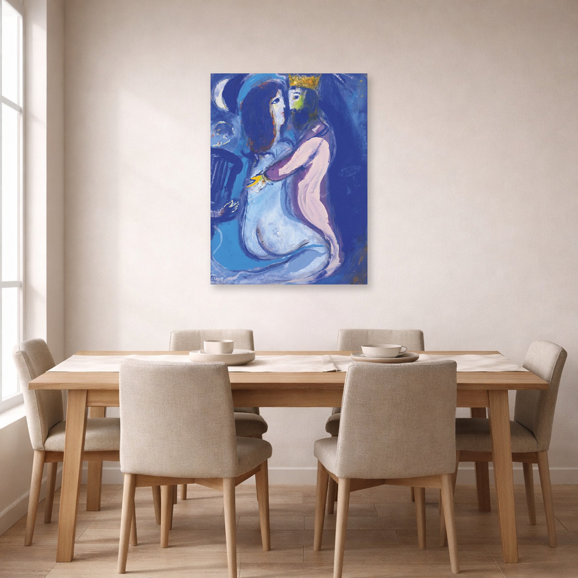 Unframed poster print of Marc Chagall's Le Roi David displayed on a wall in a dining room