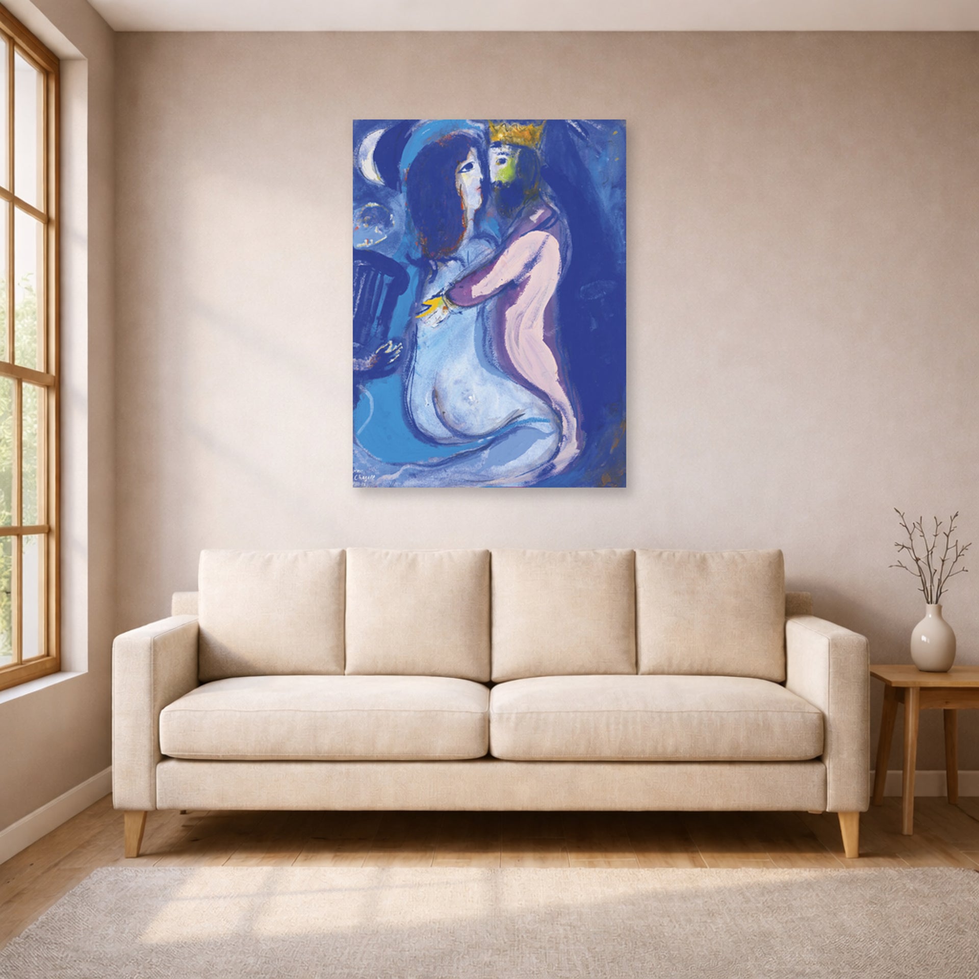 Unframed poster print of Marc Chagall's Le Roi David displayed on a wall in a living room