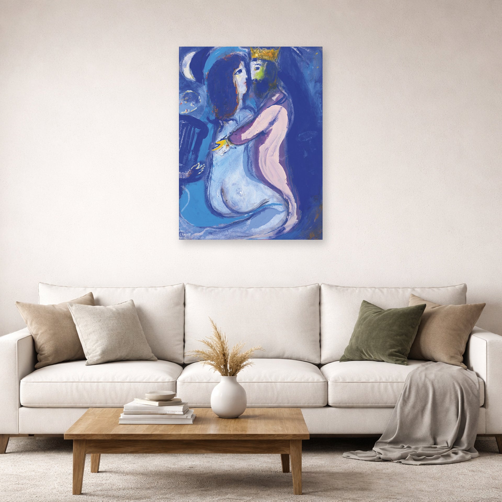 Unframed poster print of Marc Chagall's Le Roi David displayed on a wall in a living room