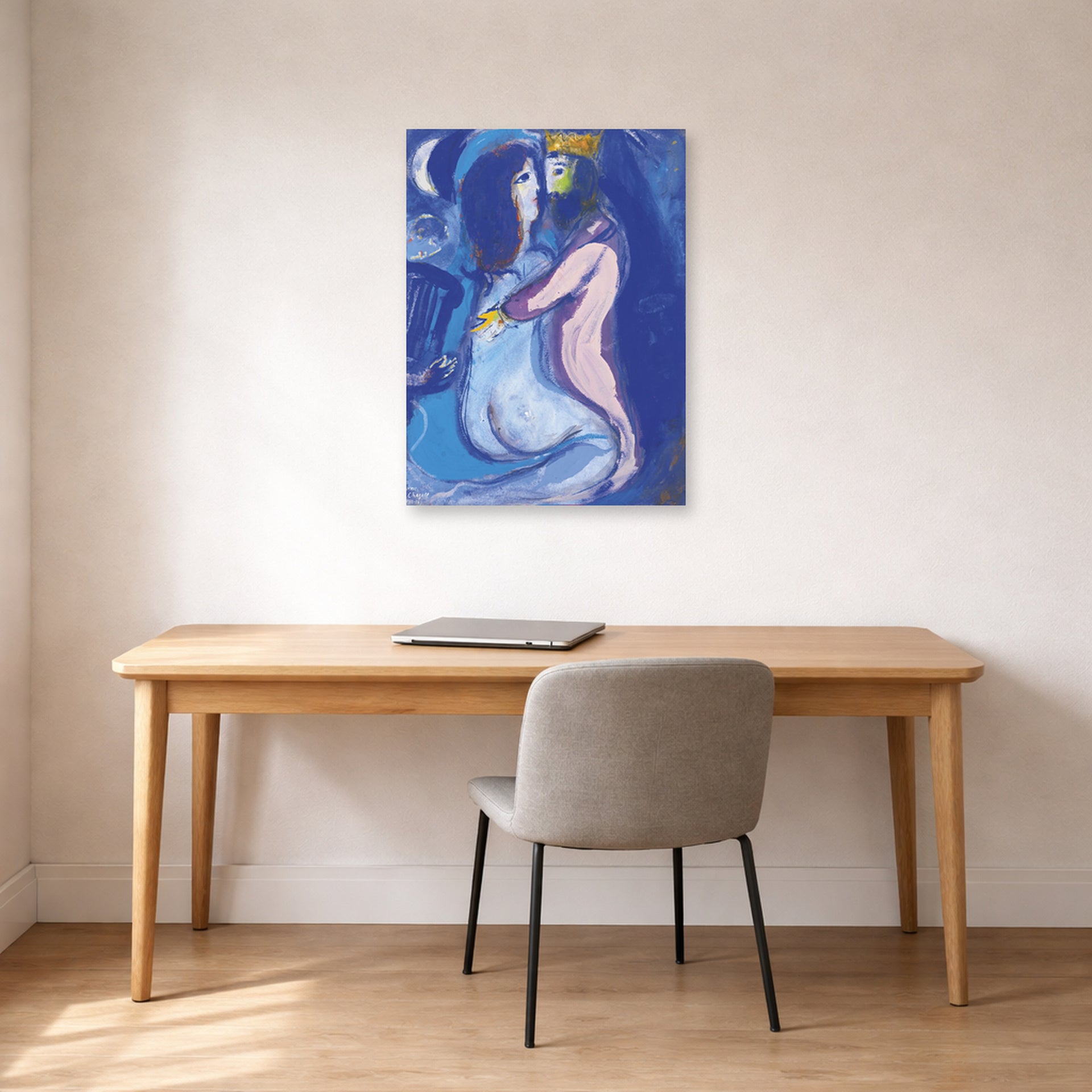 Unframed poster print of Marc Chagall's Le Roi David displayed on a wall in an office