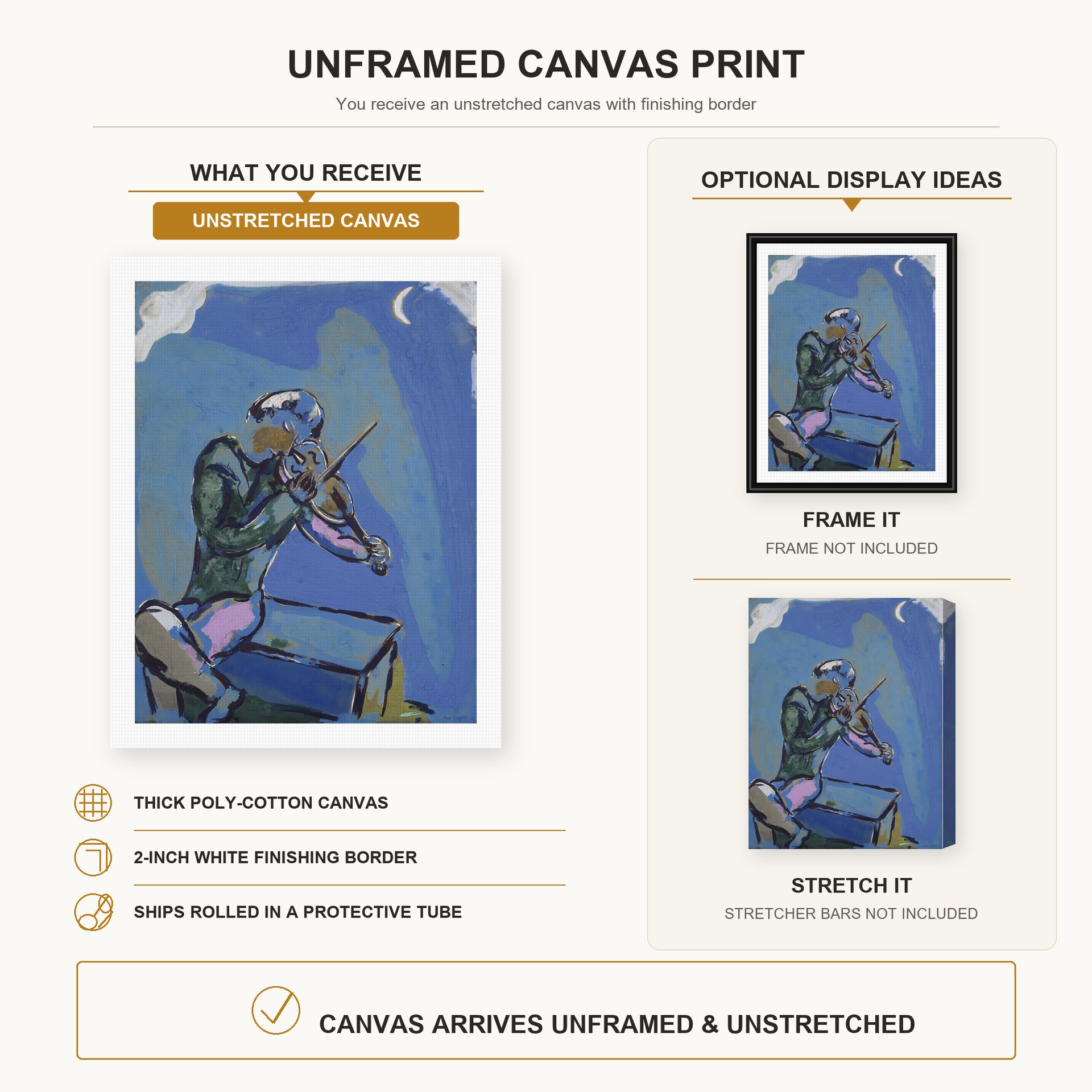 Marc Chagall - Le Violoniste Bleu canvas print size comparison and framing display infographic