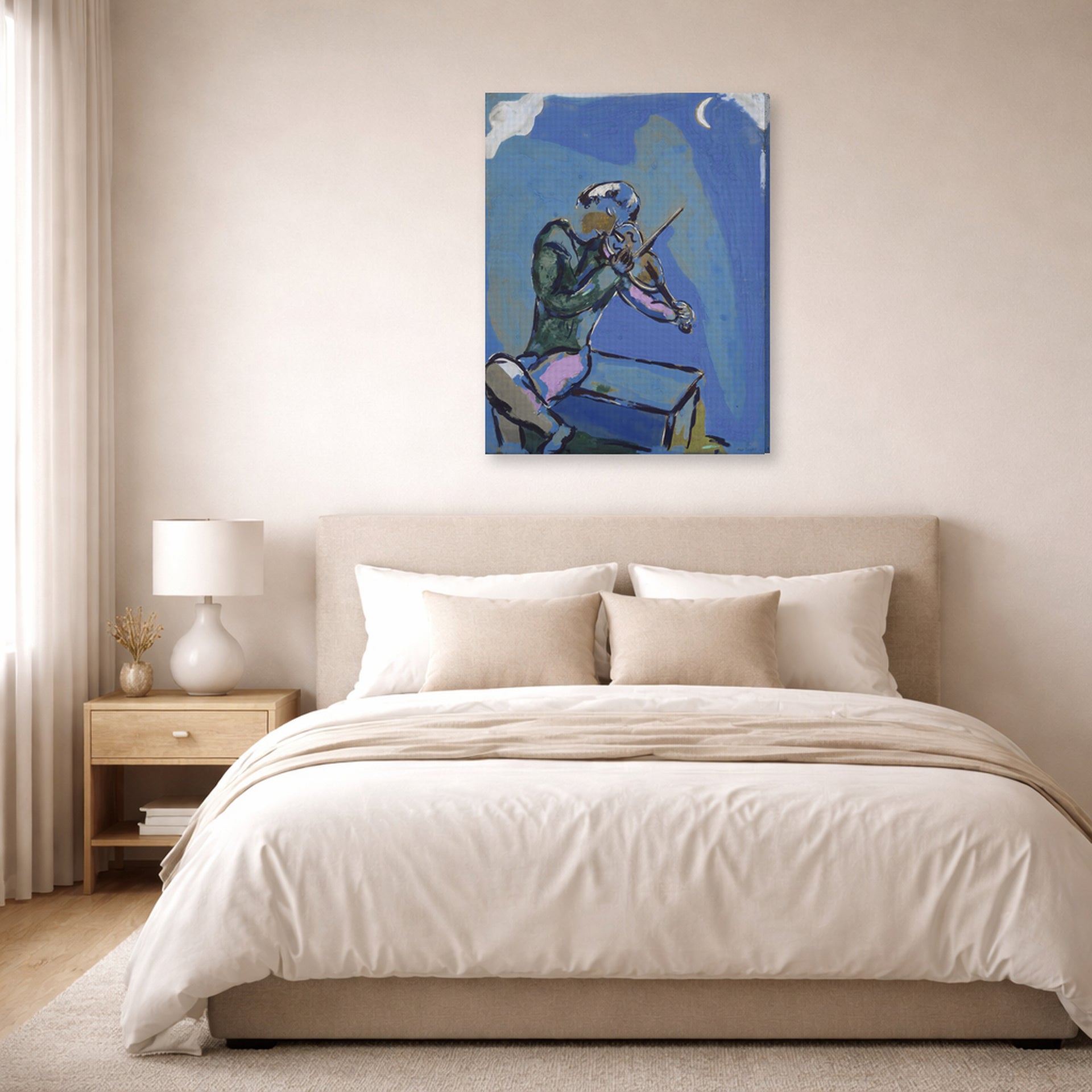 Gallery-wrapped canvas print of Marc Chagall's Le Violoniste Bleu displayed on a wall in a bedroom