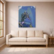 Gallery-wrapped canvas print of Marc Chagall's Le Violoniste Bleu displayed on a wall in a living room