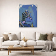Gallery-wrapped canvas print of Marc Chagall's Le Violoniste Bleu displayed on a wall in a living room