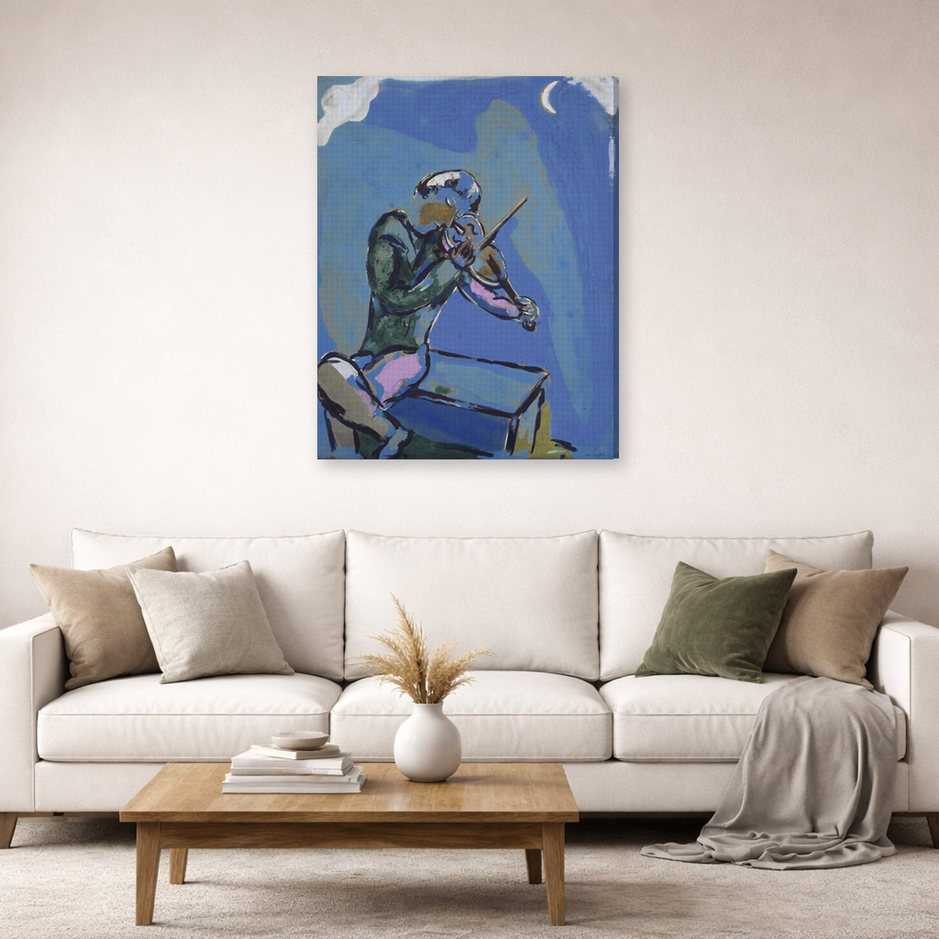 Gallery-wrapped canvas print of Marc Chagall's Le Violoniste Bleu displayed on a wall in a living room