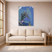 Unframed poster print of Marc Chagall's Le Violoniste Bleu displayed on a wall in a living room