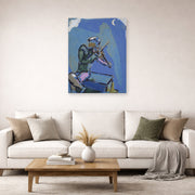Unframed poster print of Marc Chagall's Le Violoniste Bleu displayed on a wall in a living room