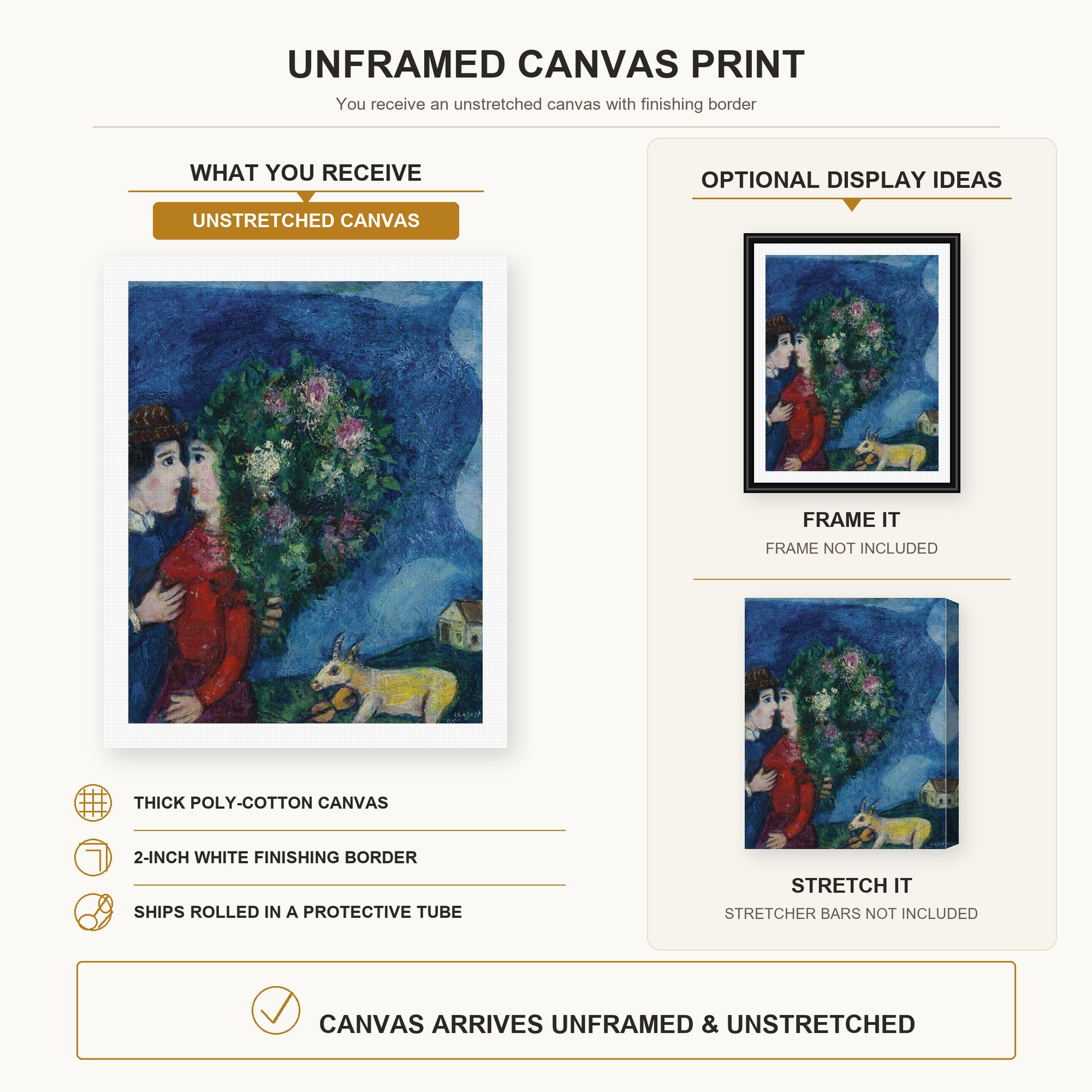 Marc Chagall - Les Amoureux Au Bouquet canvas print size comparison and framing display infographic