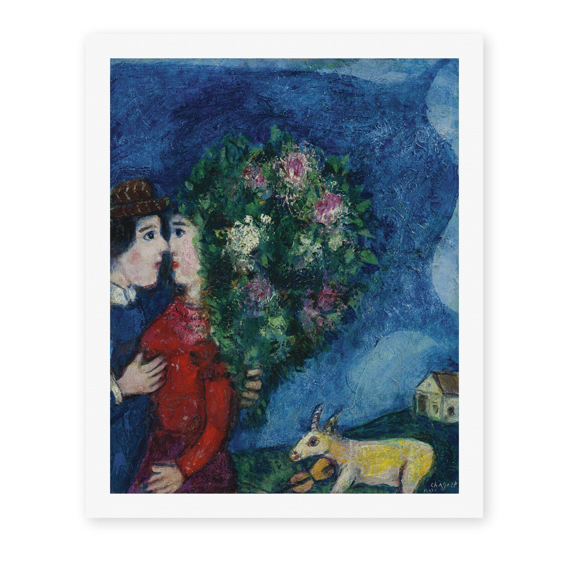 Marc Chagall's 'Les Amoureux Au Bouquet' painting reproduced as a rolled canvas print
