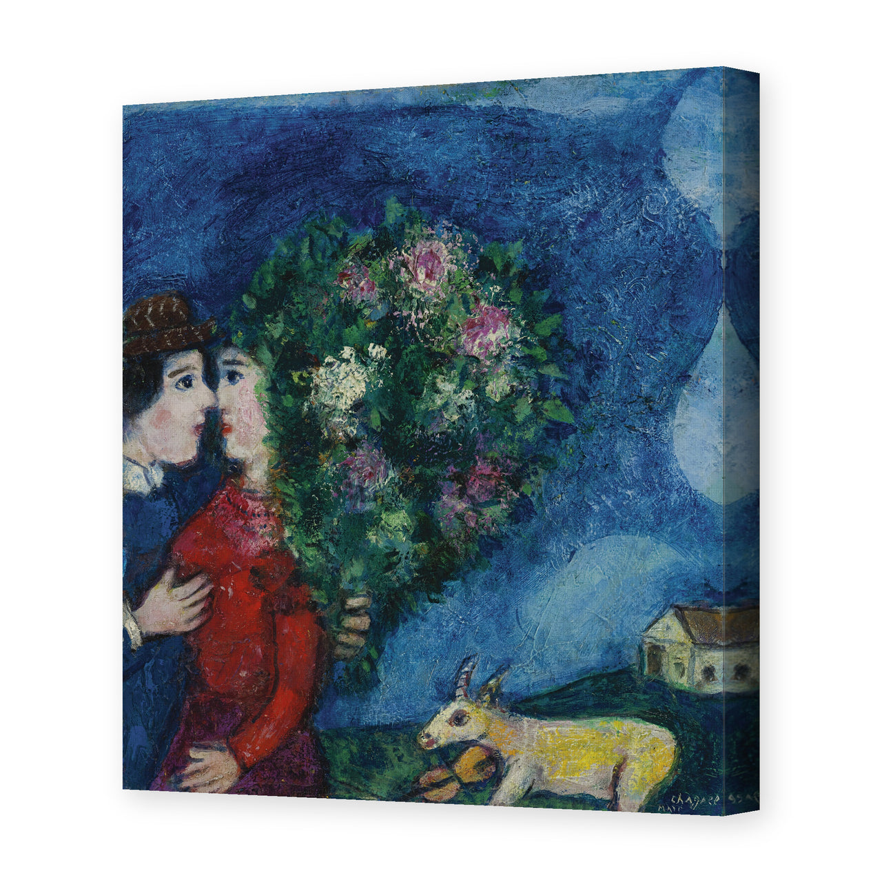 Marc Chagall's 'Les Amoureux Au Bouquet' painting reproduced as a gallery-wrapped canvas print