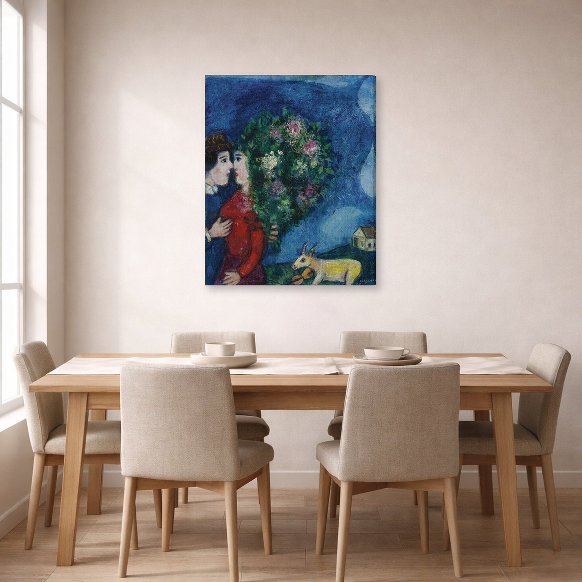 Gallery-wrapped canvas print of Marc Chagall's Les Amoureux Au Bouquet displayed on a wall in a dining room