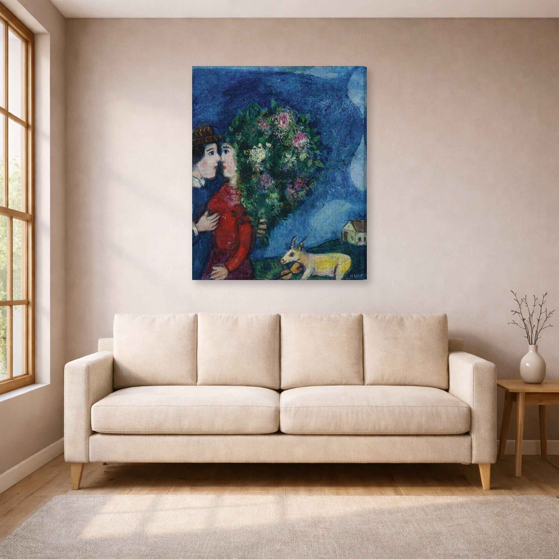 Gallery-wrapped canvas print of Marc Chagall's Les Amoureux Au Bouquet displayed on a wall in a living room