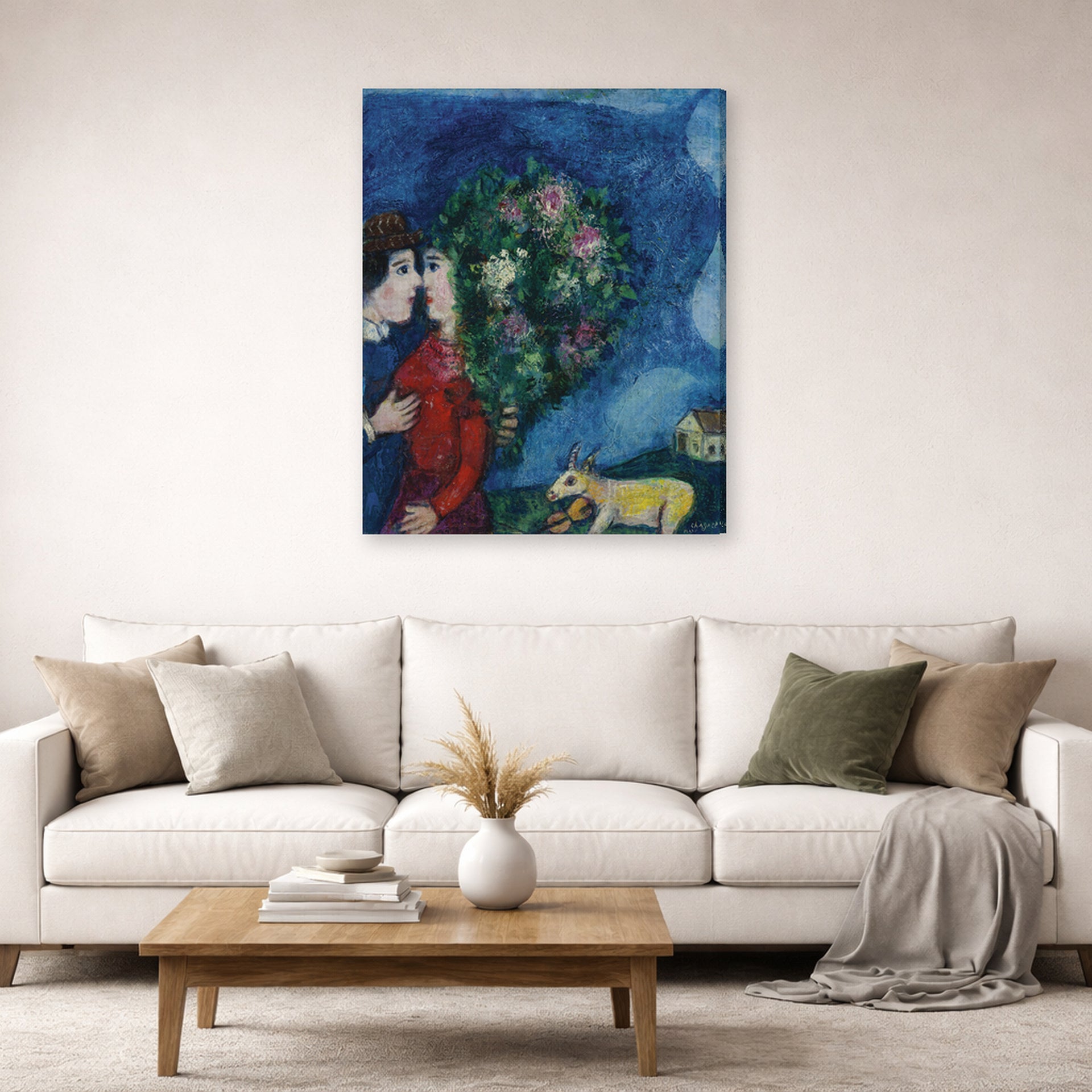 Gallery-wrapped canvas print of Marc Chagall's Les Amoureux Au Bouquet displayed on a wall in a living room