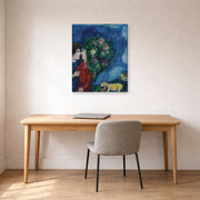 Gallery-wrapped canvas print of Marc Chagall's Les Amoureux Au Bouquet displayed on a wall in an office