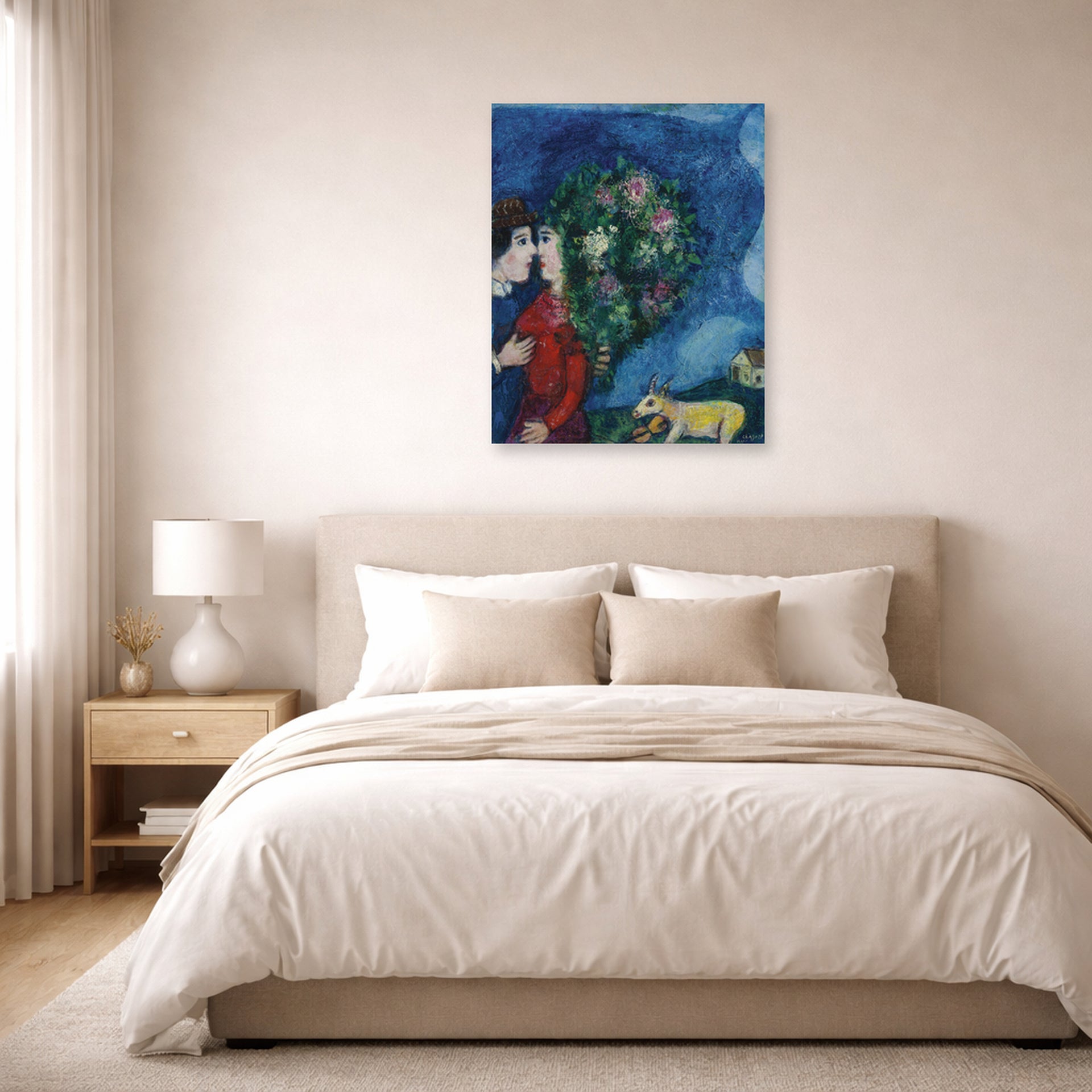 Unframed poster print of Marc Chagall's Les Amoureux Au Bouquet displayed on a wall in a bedroom