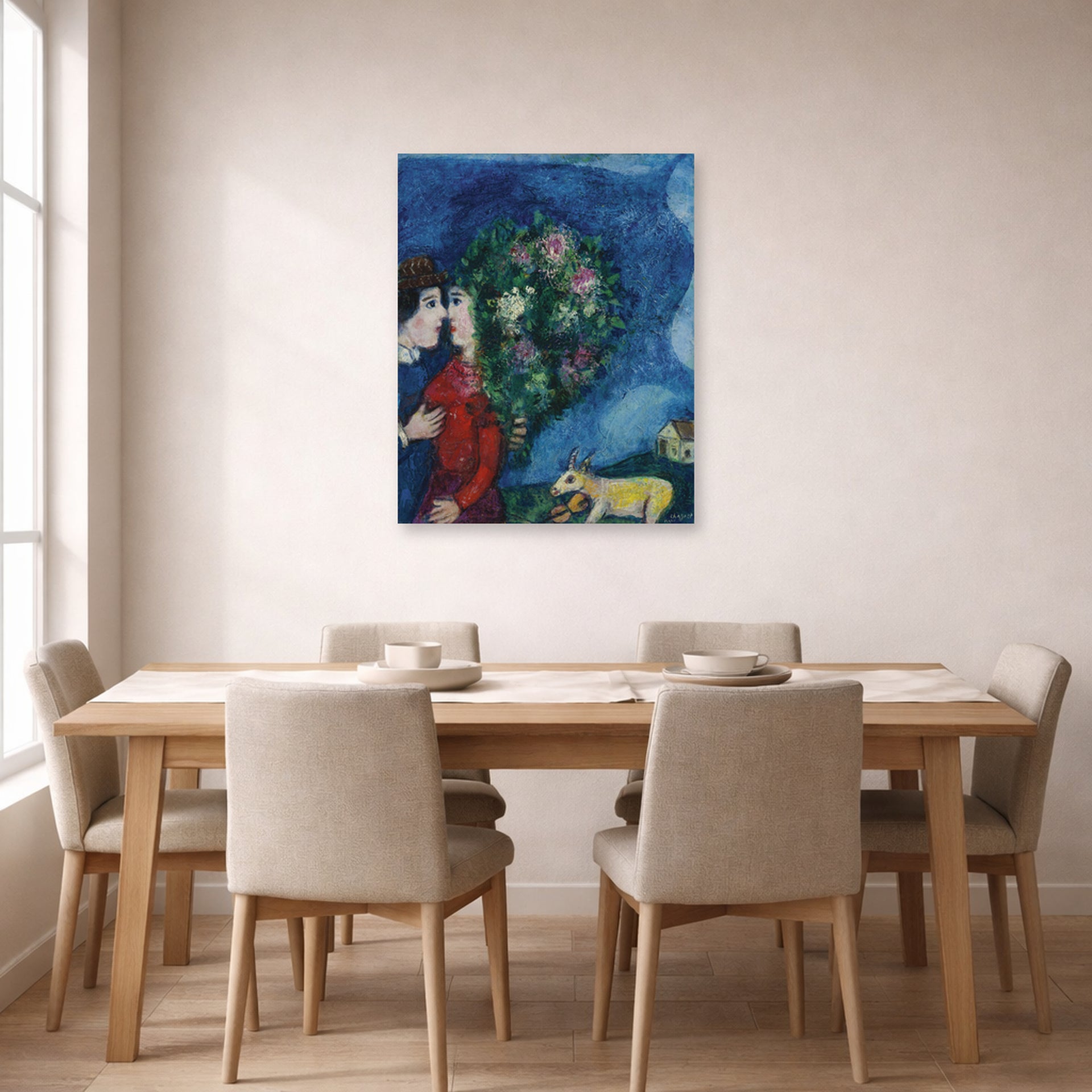 Unframed poster print of Marc Chagall's Les Amoureux Au Bouquet displayed on a wall in a dining room