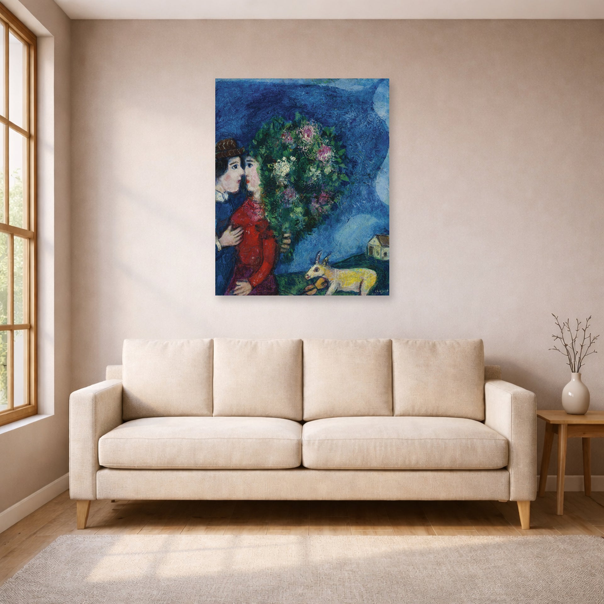 Unframed poster print of Marc Chagall's Les Amoureux Au Bouquet displayed on a wall in a living room