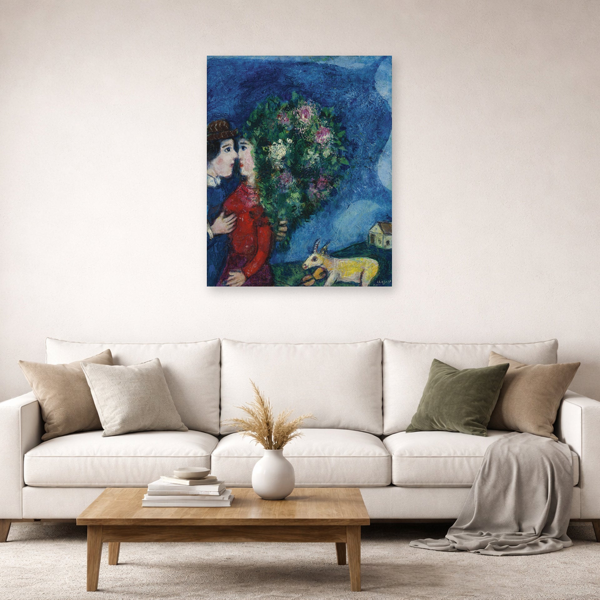 Unframed poster print of Marc Chagall's Les Amoureux Au Bouquet displayed on a wall in a living room