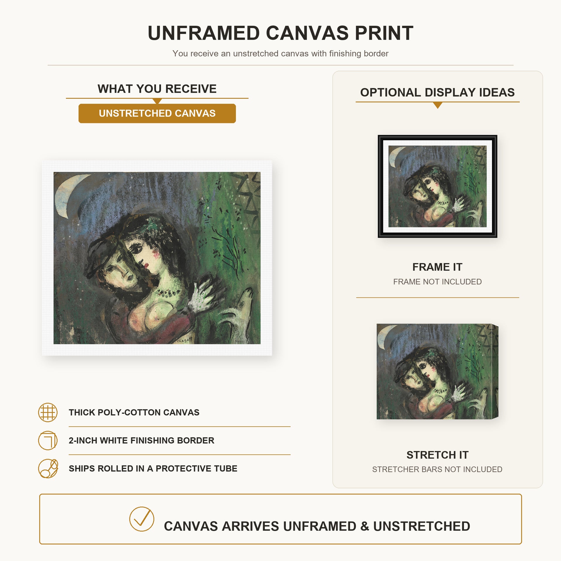 Marc Chagall - Les Amoureux Au Clair De Lune canvas print size comparison and framing display infographic