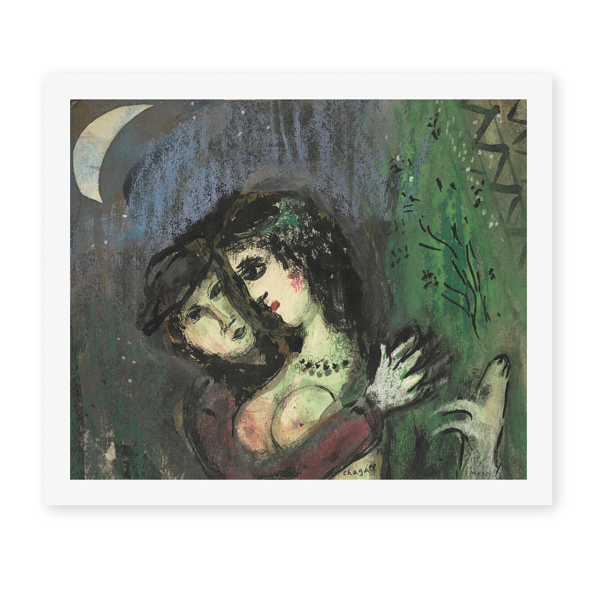 Marc Chagall's 'Les Amoureux Au Clair De Lune' painting reproduced as a rolled canvas print