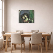 Gallery-wrapped canvas print of Marc Chagall's Les Amoureux Au Clair De Lune displayed on a wall in a dining room