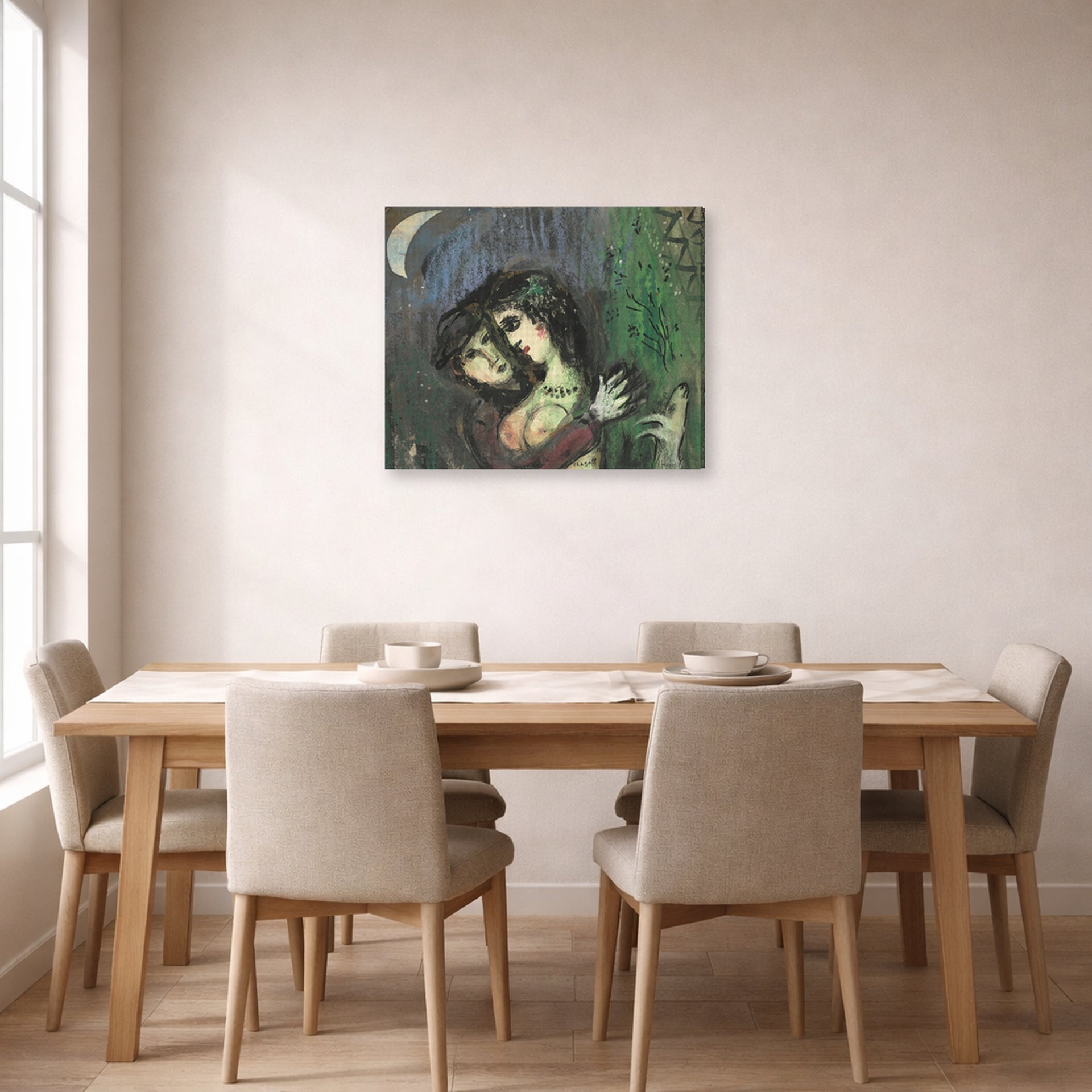 Gallery-wrapped canvas print of Marc Chagall's Les Amoureux Au Clair De Lune displayed on a wall in a dining room