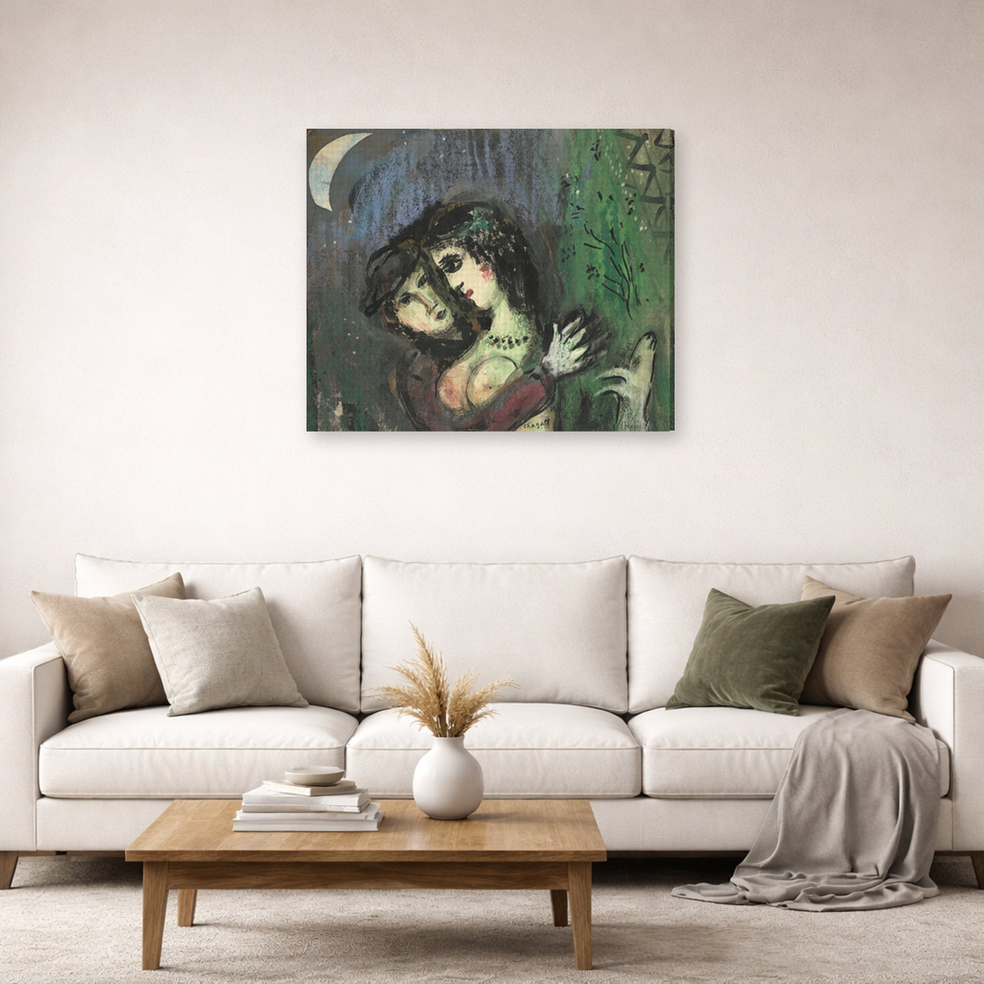 Gallery-wrapped canvas print of Marc Chagall's Les Amoureux Au Clair De Lune displayed on a wall in a living room