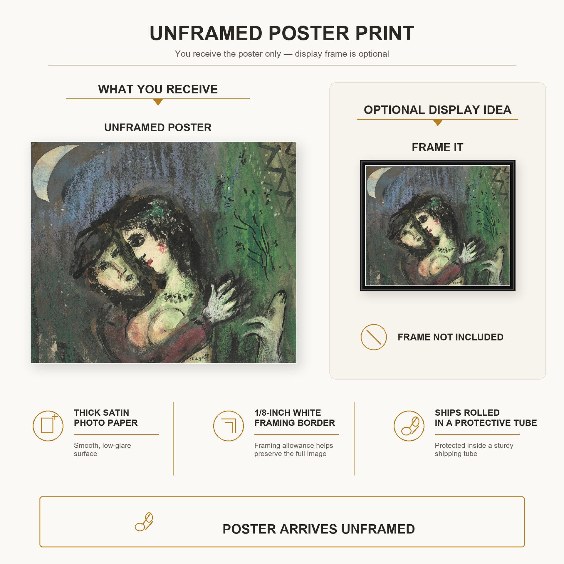 Marc Chagall - Les Amoureux Au Clair De Lune poster print size comparison and framing display infographic