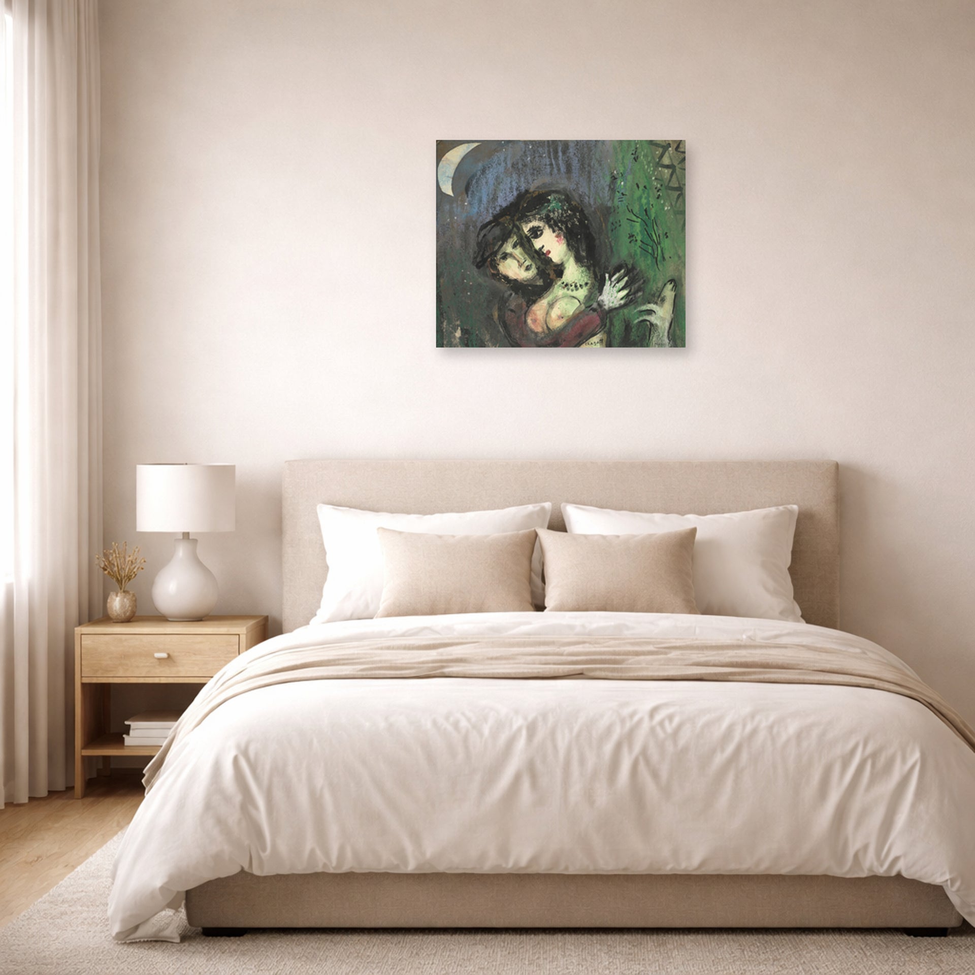 Unframed poster print of Marc Chagall's Les Amoureux Au Clair De Lune displayed on a wall in a bedroom