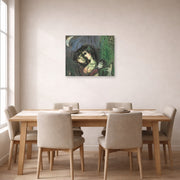 Unframed poster print of Marc Chagall's Les Amoureux Au Clair De Lune displayed on a wall in a dining room