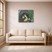 Unframed poster print of Marc Chagall's Les Amoureux Au Clair De Lune displayed on a wall in a living room