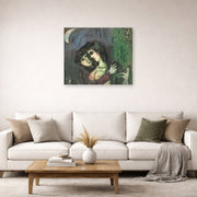Unframed poster print of Marc Chagall's Les Amoureux Au Clair De Lune displayed on a wall in a living room