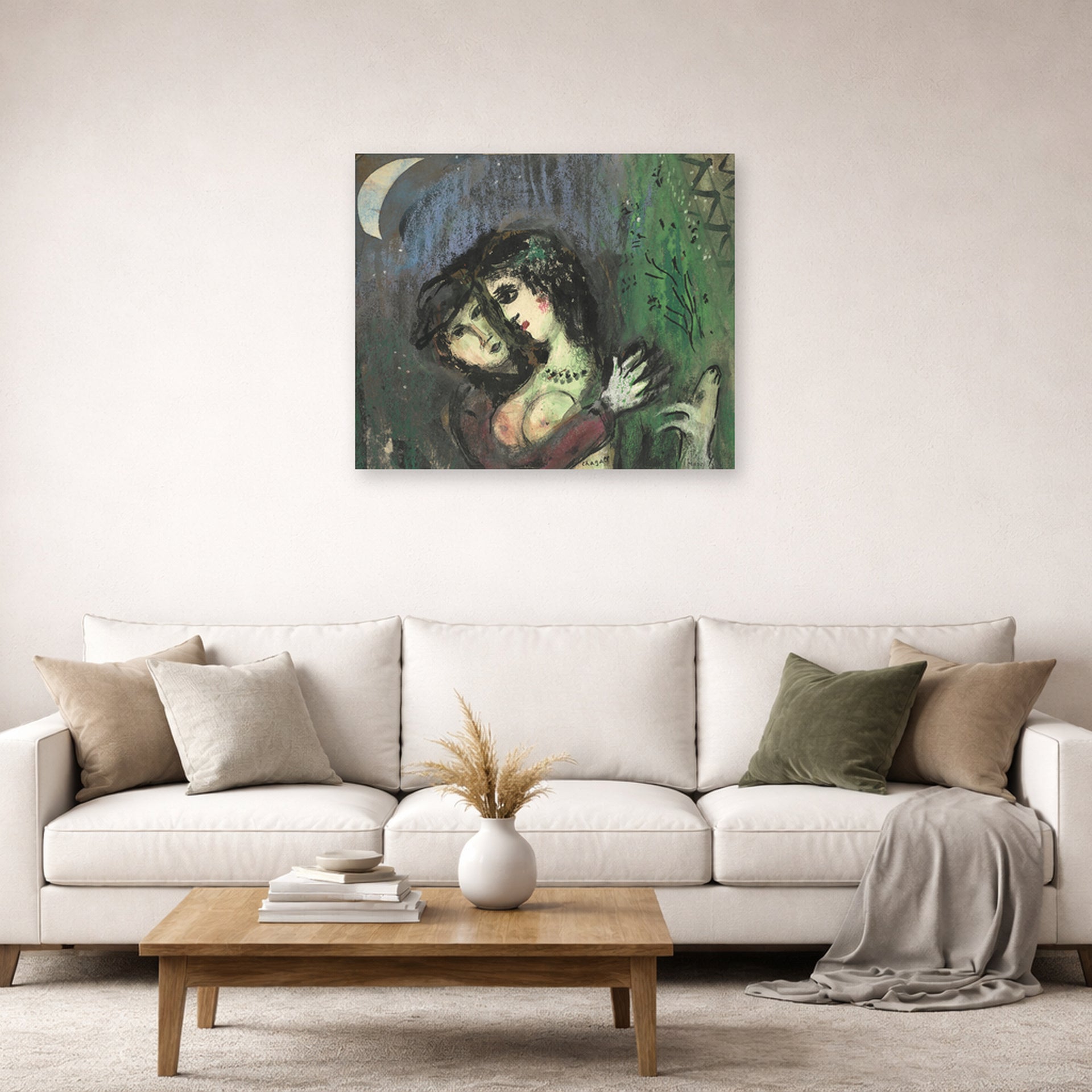 Unframed poster print of Marc Chagall's Les Amoureux Au Clair De Lune displayed on a wall in a living room