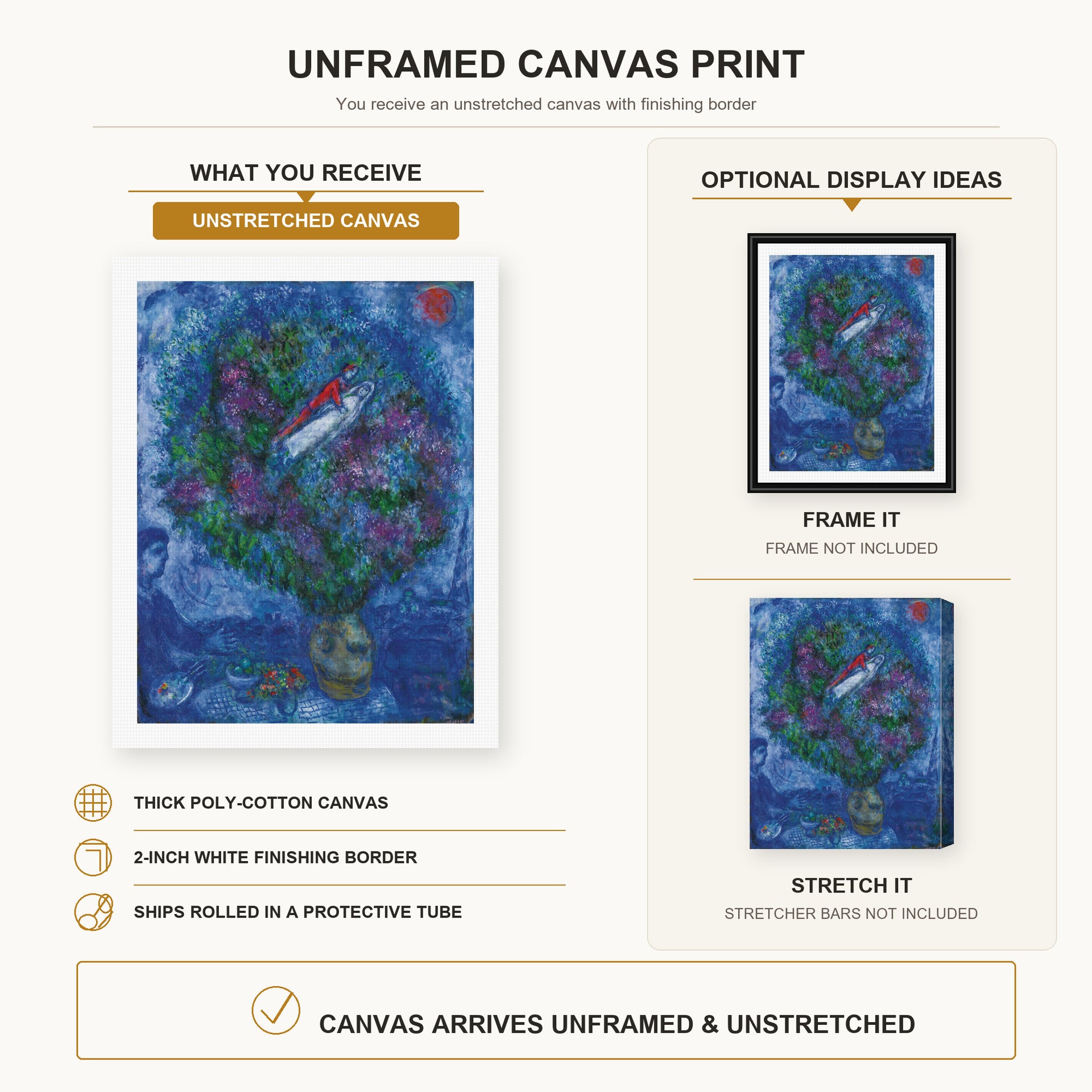 Marc Chagall - Les Amoureux Dans Le Bouquet De Fleurs canvas print size comparison and framing display infographic