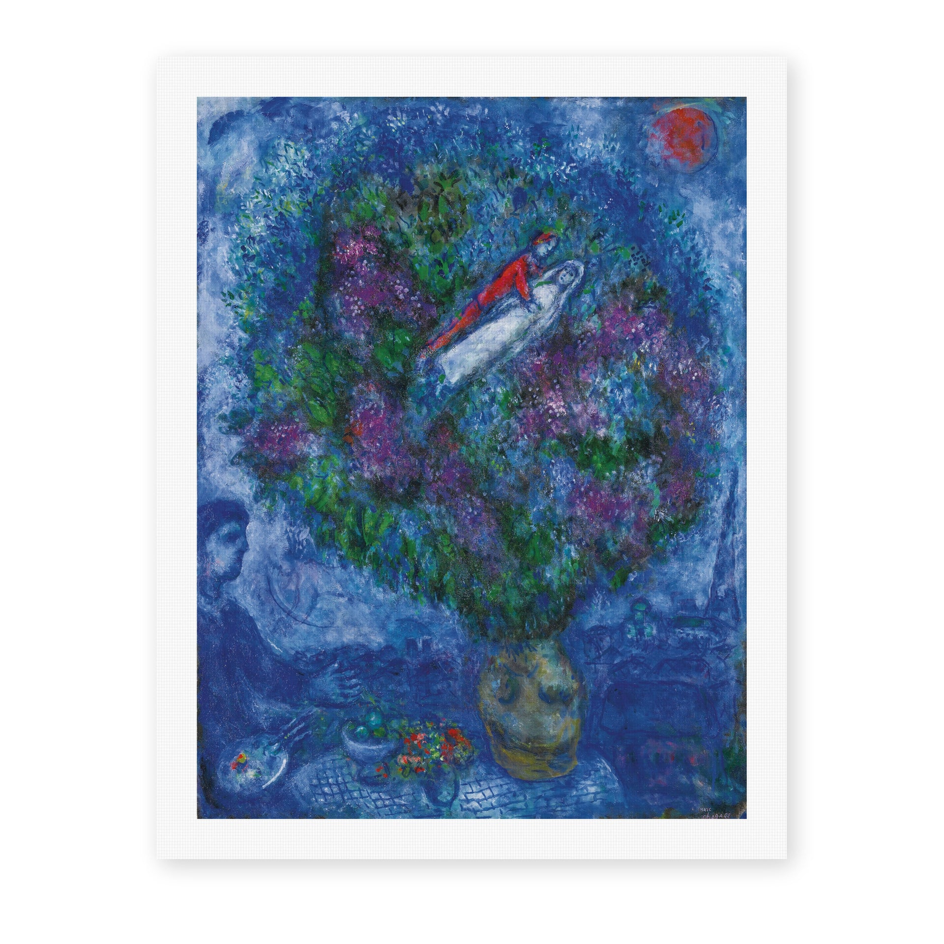 Marc Chagall's 'Les Amoureux Dans Le Bouquet De Fleurs' painting reproduced as a rolled canvas print