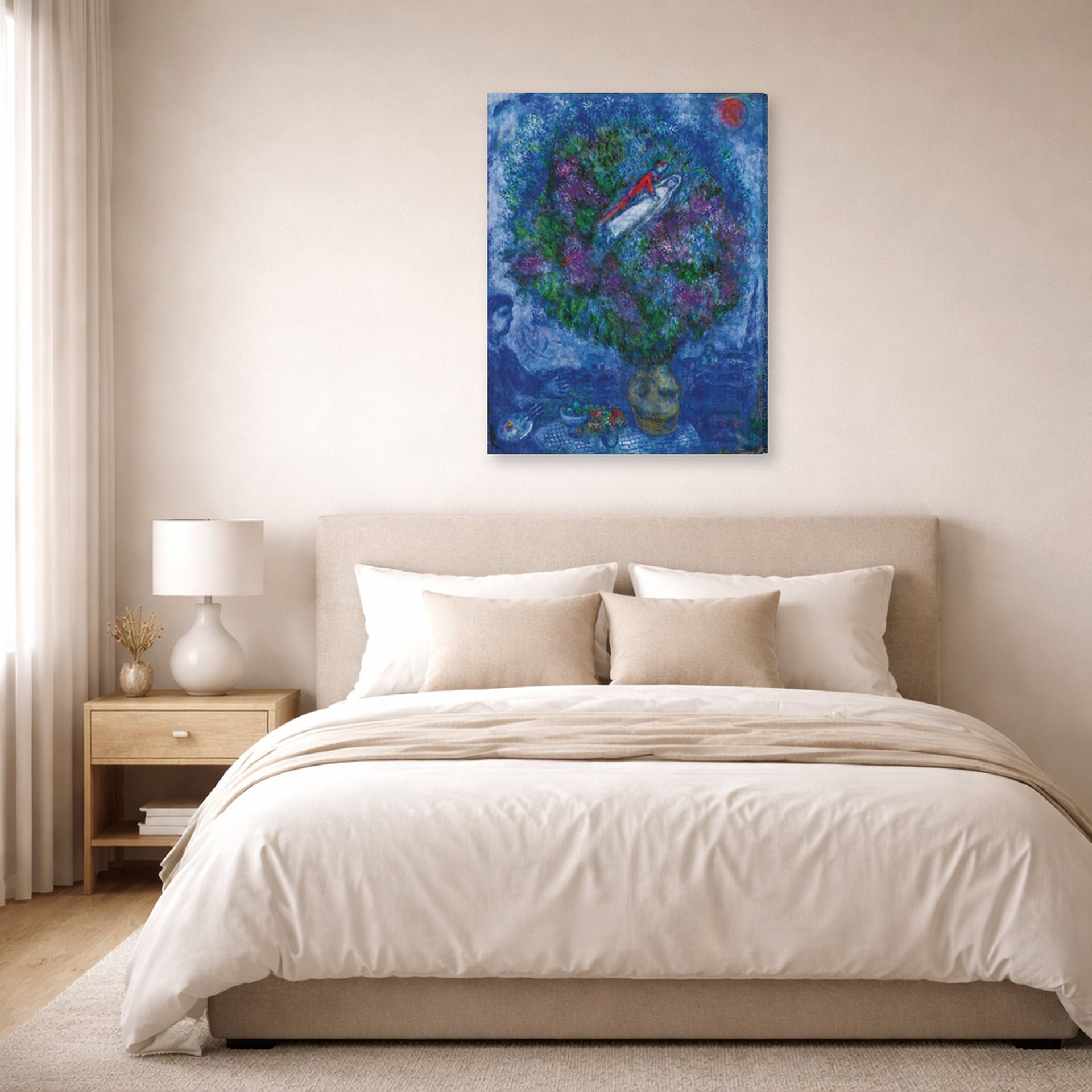 Gallery-wrapped canvas print of Marc Chagall's Les Amoureux Dans Le Bouquet De Fleurs displayed on a wall in a bedroom