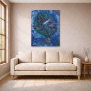 Gallery-wrapped canvas print of Marc Chagall's Les Amoureux Dans Le Bouquet De Fleurs displayed on a wall in a living room