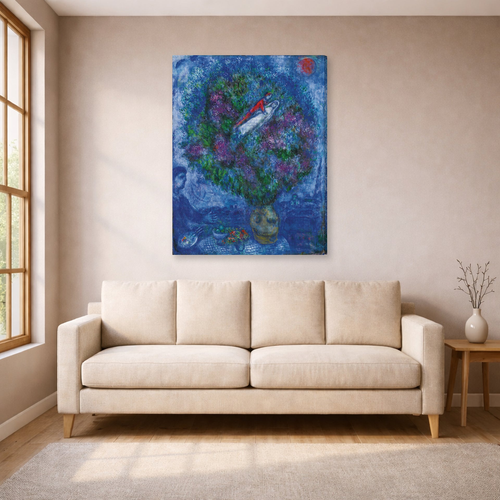 Gallery-wrapped canvas print of Marc Chagall's Les Amoureux Dans Le Bouquet De Fleurs displayed on a wall in a living room