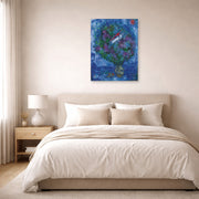 Unframed poster print of Marc Chagall's Les Amoureux Dans Le Bouquet De Fleurs displayed on a wall in a bedroom