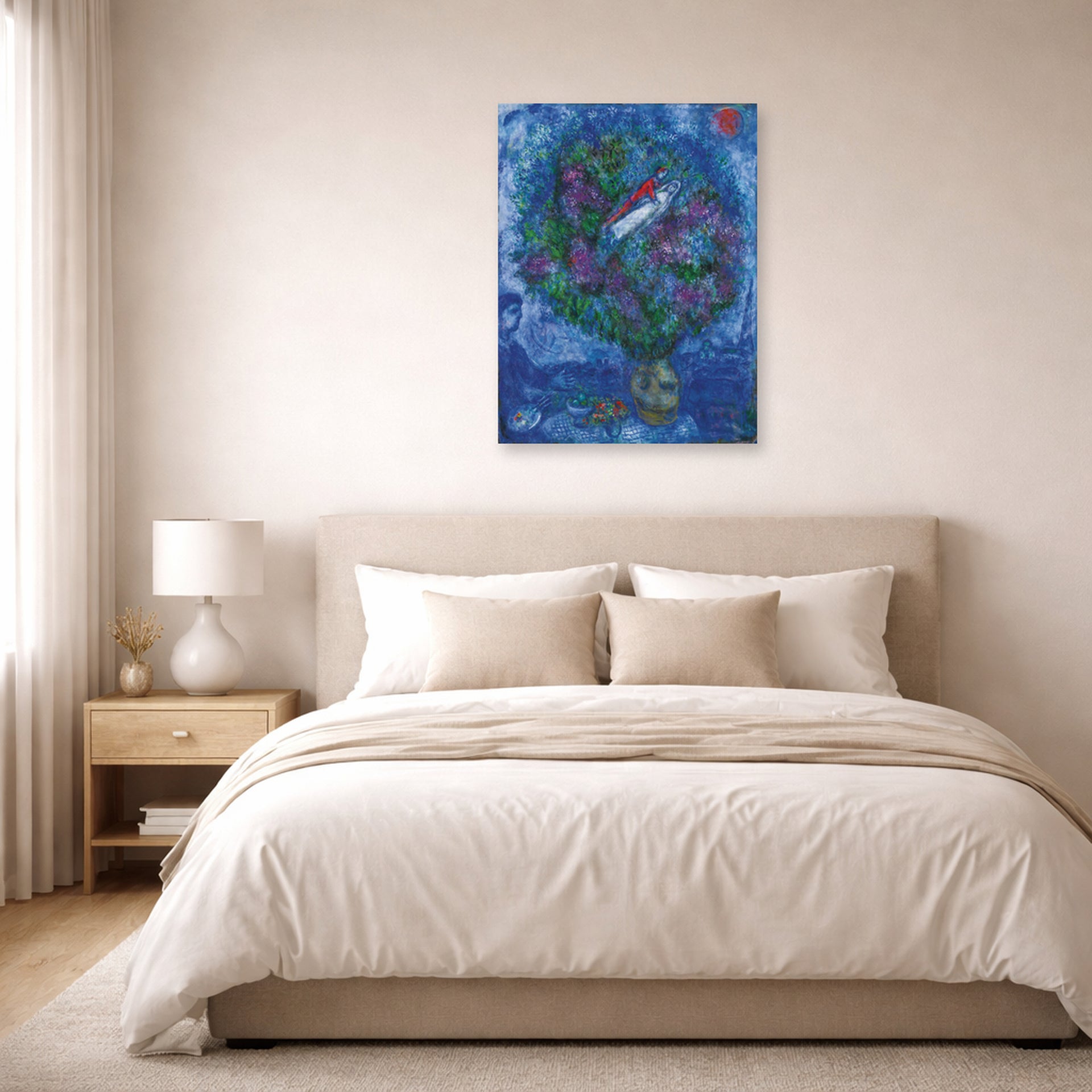 Unframed poster print of Marc Chagall's Les Amoureux Dans Le Bouquet De Fleurs displayed on a wall in a bedroom