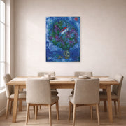 Unframed poster print of Marc Chagall's Les Amoureux Dans Le Bouquet De Fleurs displayed on a wall in a dining room