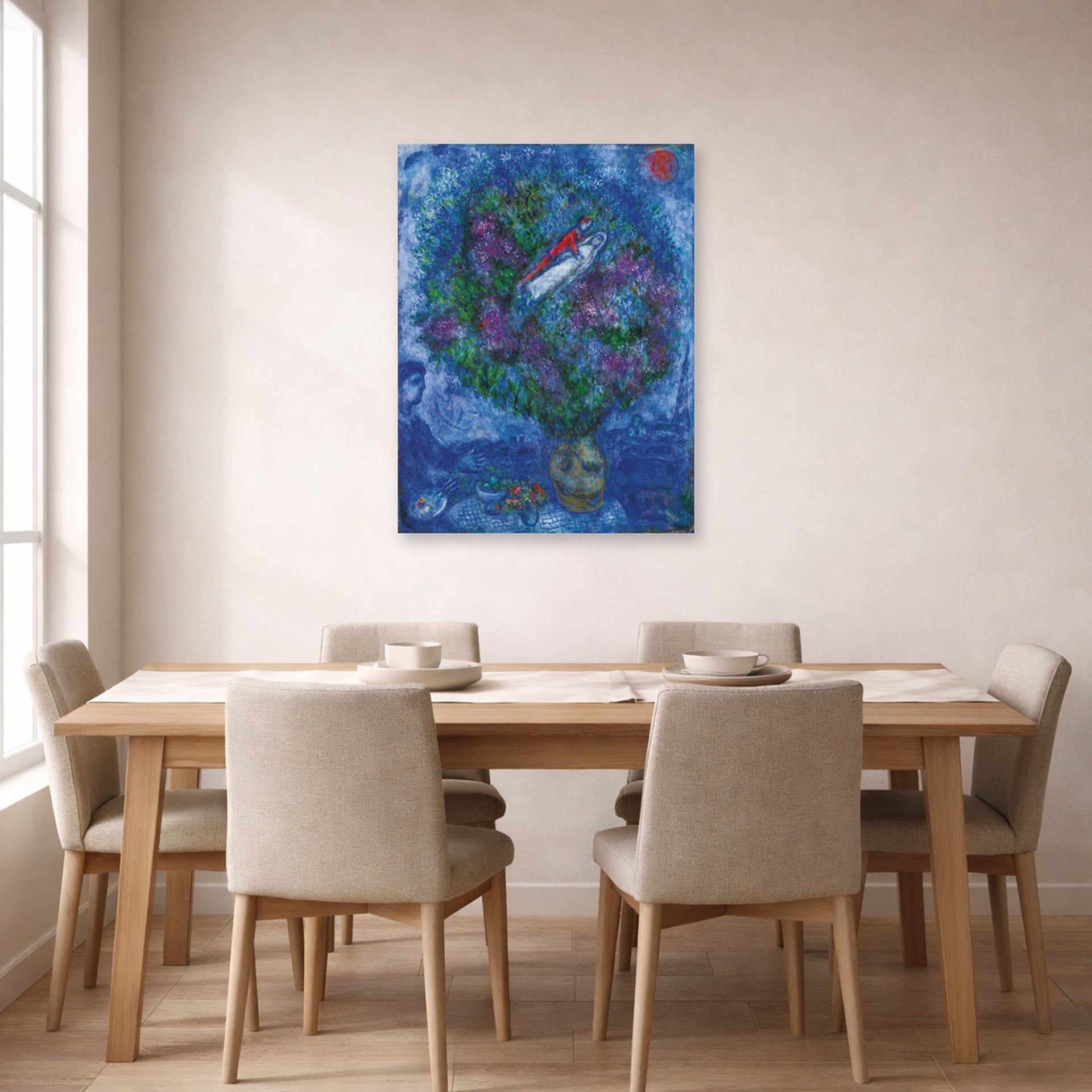 Unframed poster print of Marc Chagall's Les Amoureux Dans Le Bouquet De Fleurs displayed on a wall in a dining room