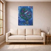 Unframed poster print of Marc Chagall's Les Amoureux Dans Le Bouquet De Fleurs displayed on a wall in a living room