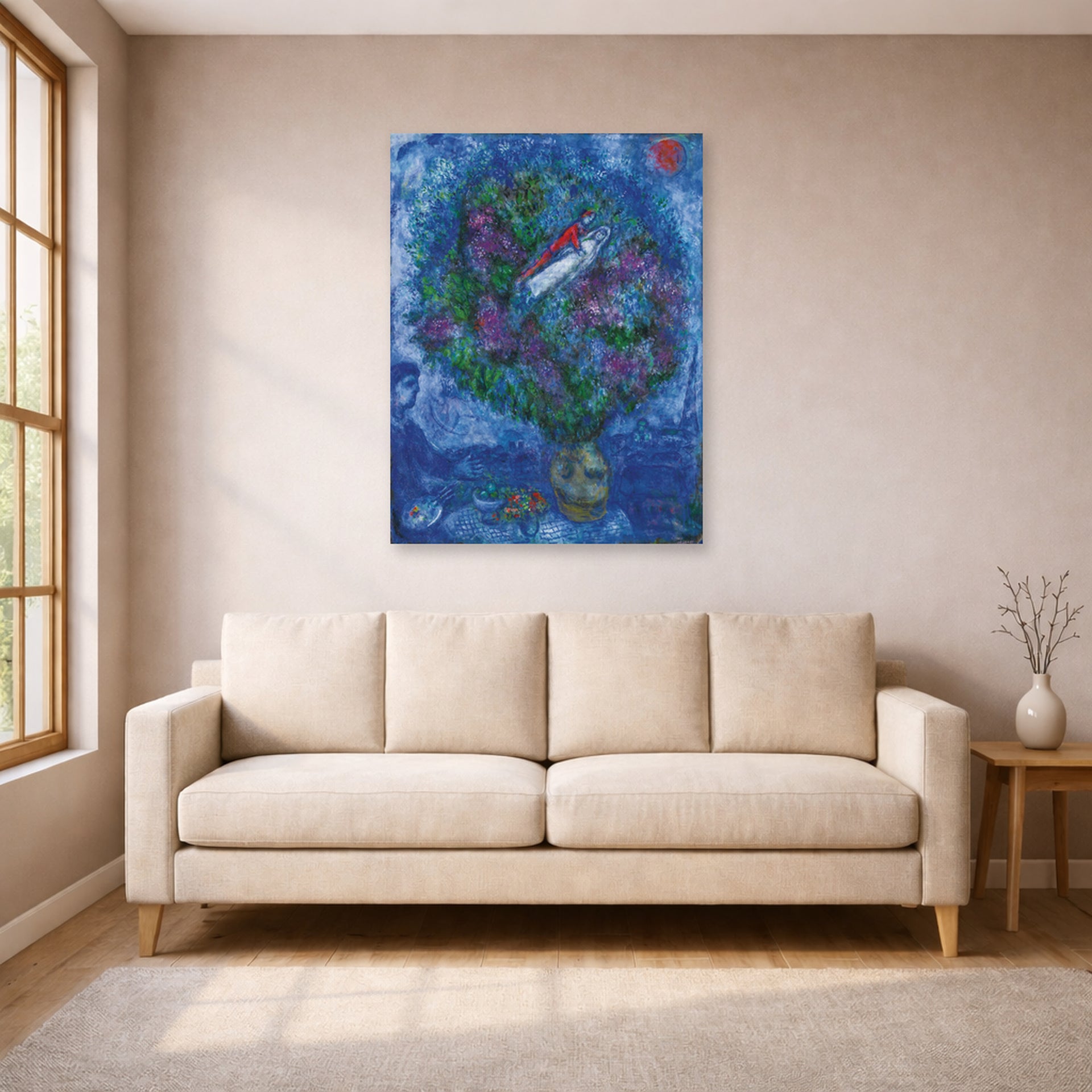 Unframed poster print of Marc Chagall's Les Amoureux Dans Le Bouquet De Fleurs displayed on a wall in a living room