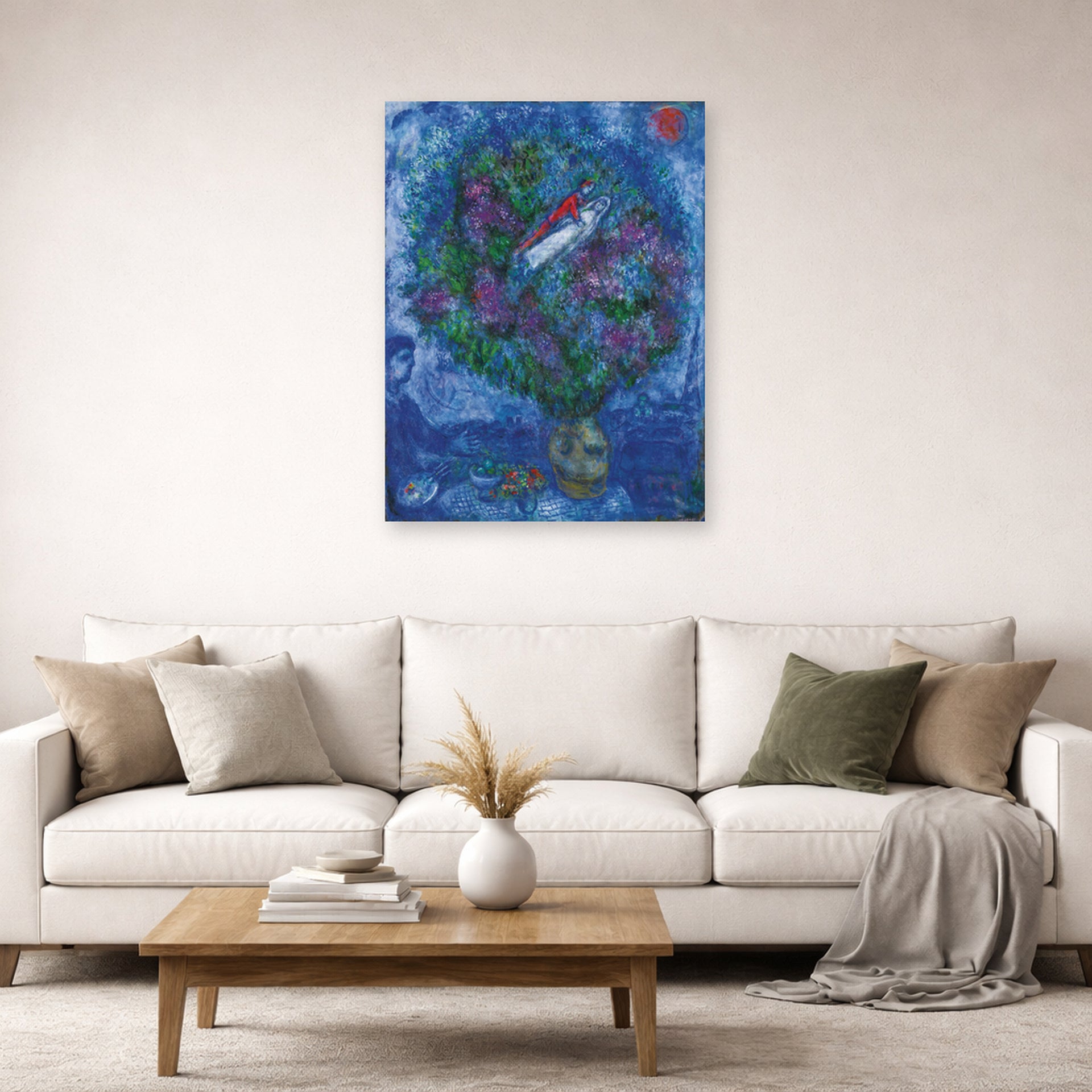 Unframed poster print of Marc Chagall's Les Amoureux Dans Le Bouquet De Fleurs displayed on a wall in a living room