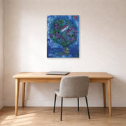 Unframed poster print of Marc Chagall's Les Amoureux Dans Le Bouquet De Fleurs displayed on a wall in an office