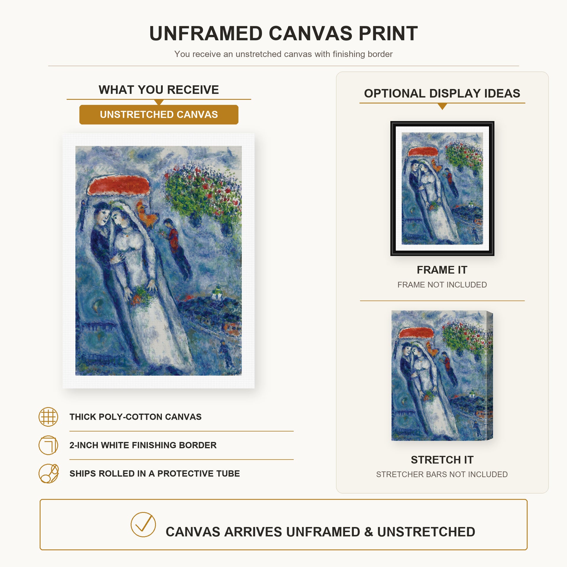 Marc Chagall - Les Mariés Sur Fond Bleu canvas print size comparison and framing display infographic